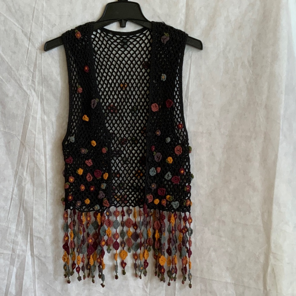 Boho Black Crochet Vest with Colorful Accents